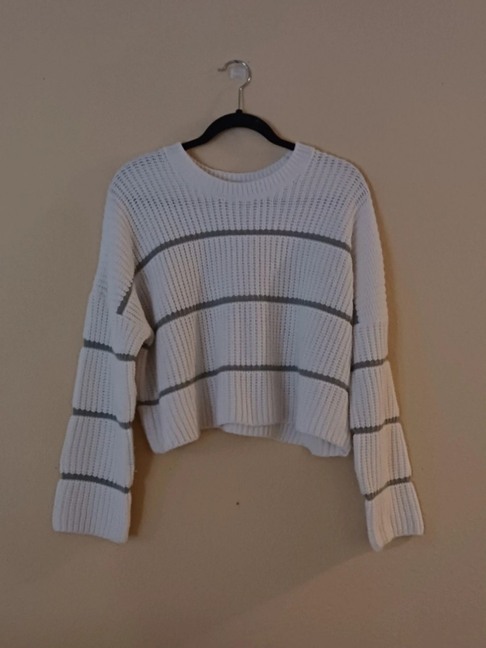 moon & madison Cream Knit Crewneck Sweater with Gray Stripes